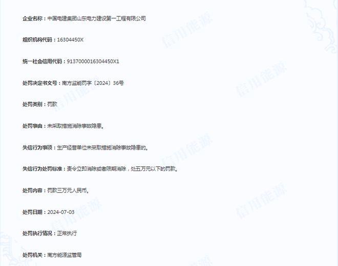 中国电建集团山东电力建设第一工程有限公司被罚三万元(图1)