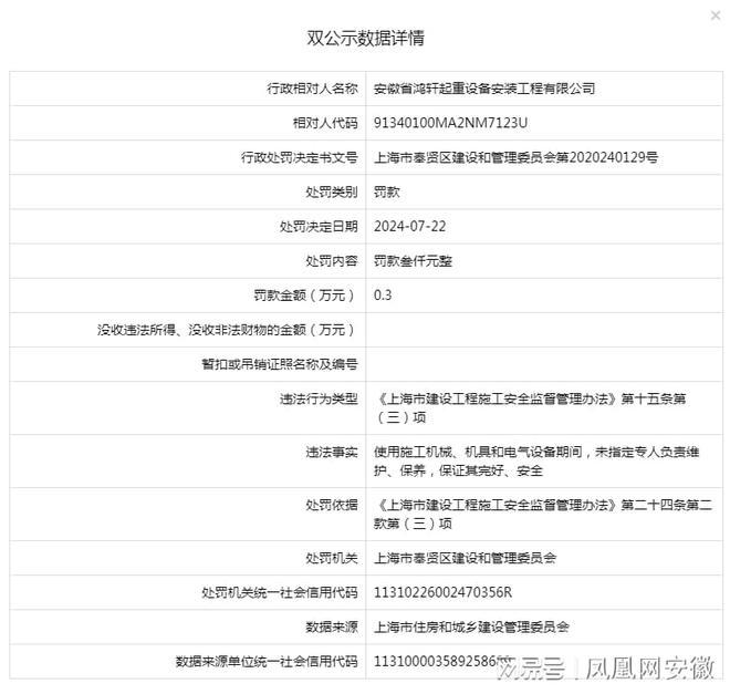 安徽省鸿轩起重设备安装工程有限公司被罚款03万元(图1)