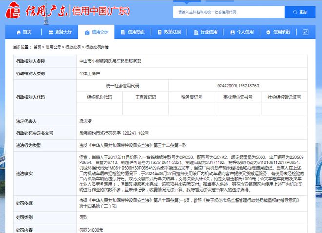 中山市小榄镇梁氏吊车起重服务部被罚款31000元(图1)